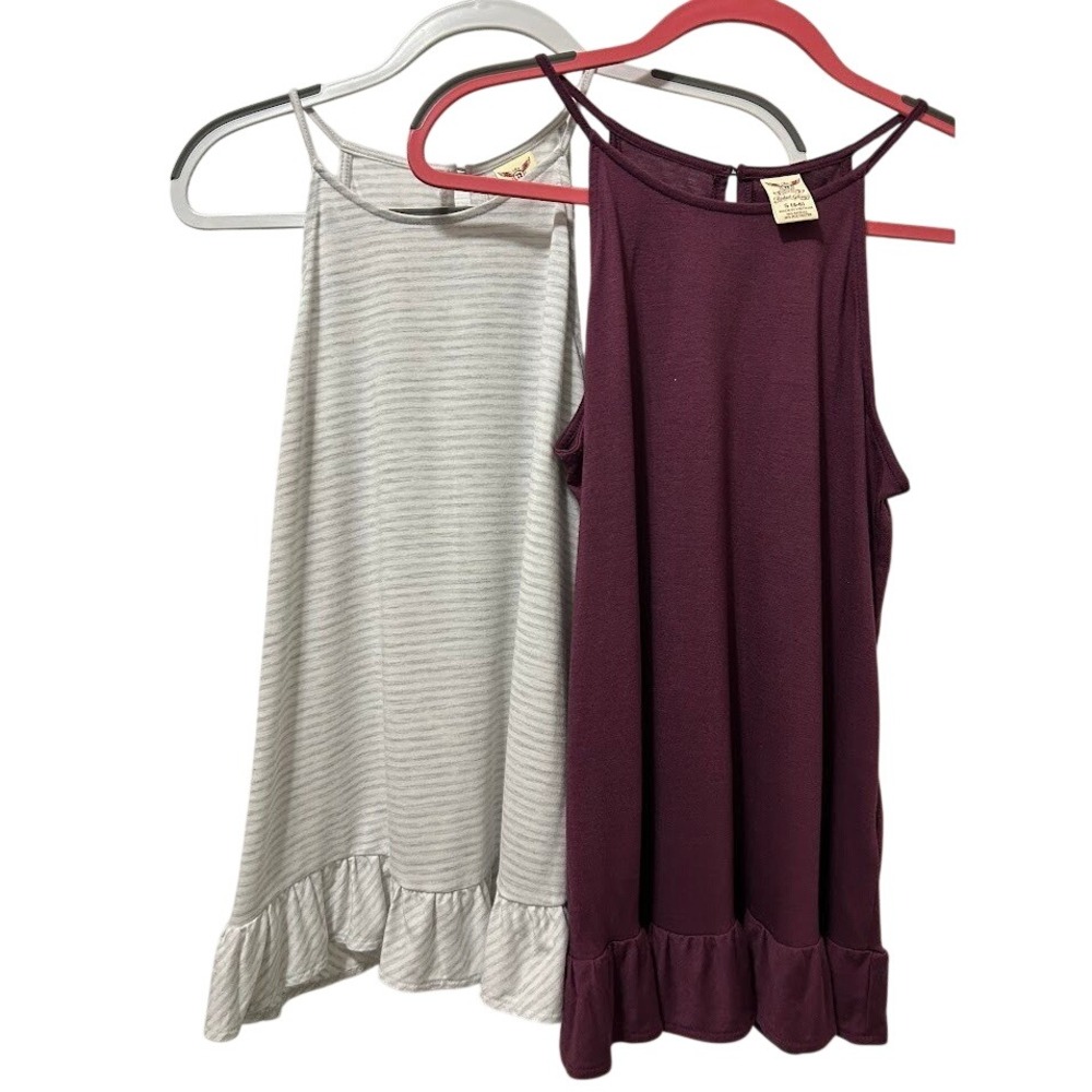 Set of 2 Sleeveless Tops Purple and Gray Stripe Ruffle Tank Size Small